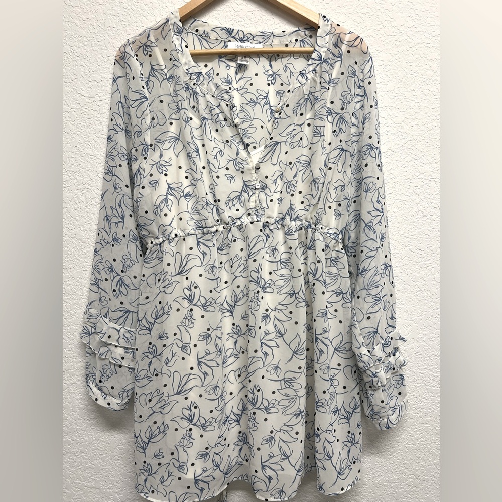 Motherhood Maternity Chiffon Sheer Dotted White Floral Blouse XL
